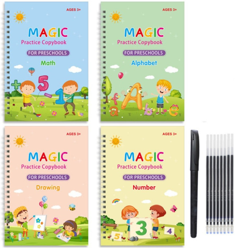 Fluent 4 PCS Magic Practice book for Kids Reusable Writing Drawing Book (Pen,Refill)(Multicolor)
