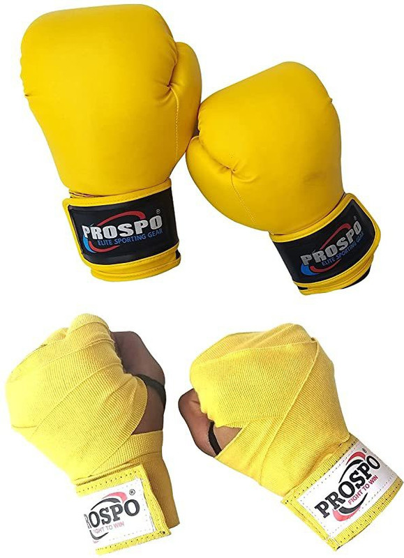 PROSPO Boxing Glove 12oz Synthetic Leather with Hand Wrap in stretchable with Yellow Boxing Gloves(Yellow)