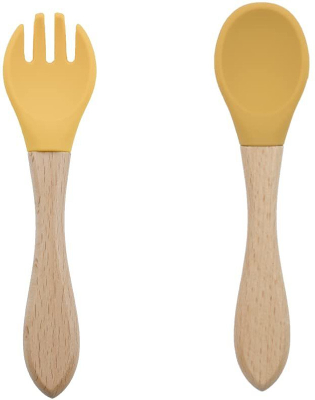 GUCHIGU Baby Silicon Spoon and fork Set , BPA-Free Self Feeding Utensils for Newborns  - wooden, silicone(Mustard)