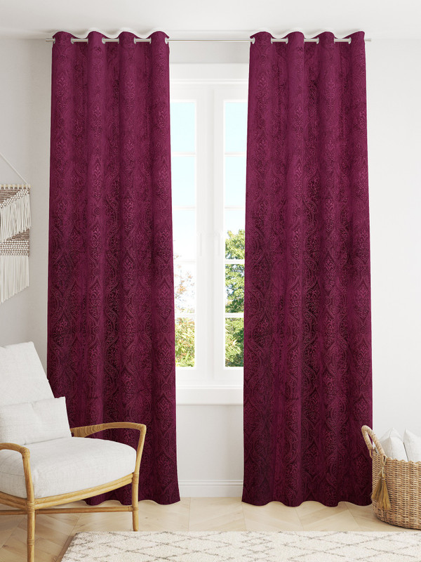 Homefab India 152.5 cm (5 ft) Window Velvet Room Darkening Curtain (Pack Of 2)(Wine, Self Design)