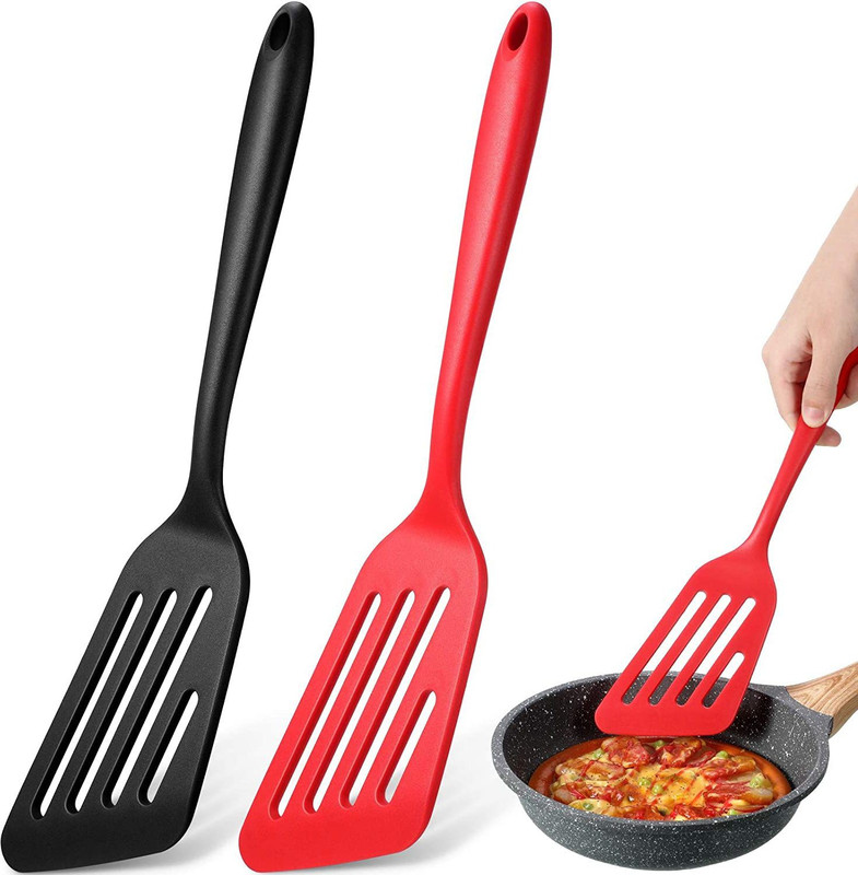 TRIFECTA Silicone Nonstick Turner Food Grade Slotted Turner(Black+Red, Pack of 2) Non-Stick Spatula(Pack of 2)