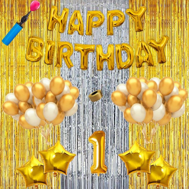 ZAMBOOREE Baby first/1st happy birthday party decorations combo/kit golden theme(Set of 53)