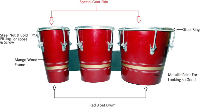 RAM musical Three Set Bongo Red Shiny Colour Wooden Bongo(20 cm, 16 cm, 12 cm)
