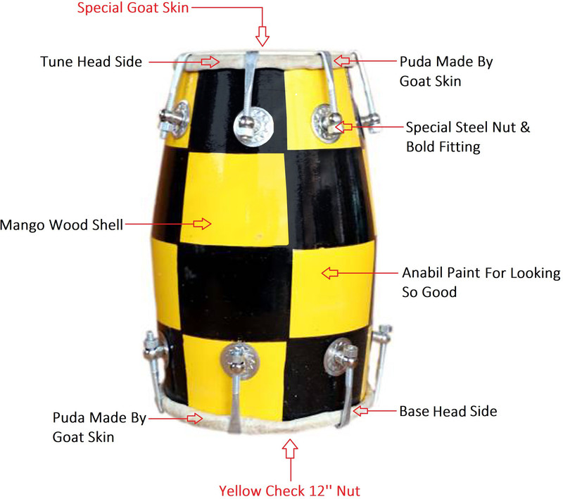 RAM musical Yellow Chack Baby Dholak 12'' 3260 Nut & Bolts Dholak(Multicolor)