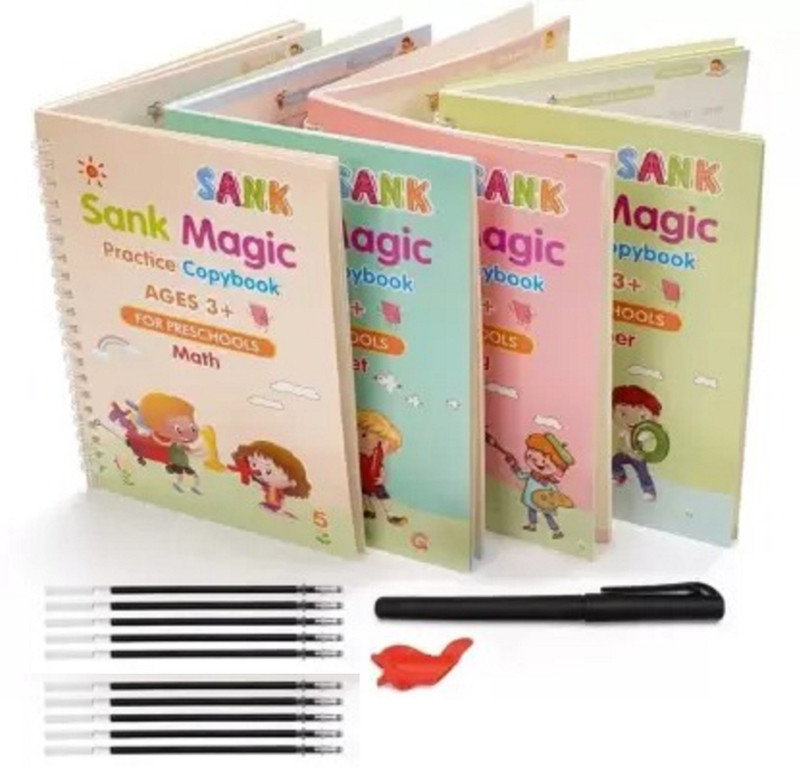 7Eleven Enterprise Magic Practice Copy Book 4 Books And 10 Refills Number Drawing Alphabet Book(Multicolor)