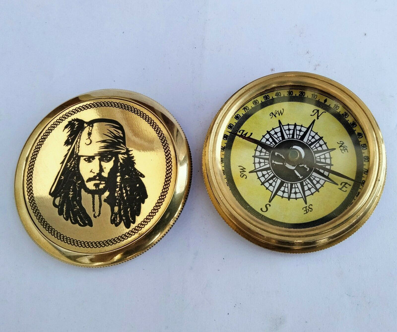 Ascent India Brass Compass Captain Jack Sparrow face on Lid 2.5 inch compass Compass(Gold)