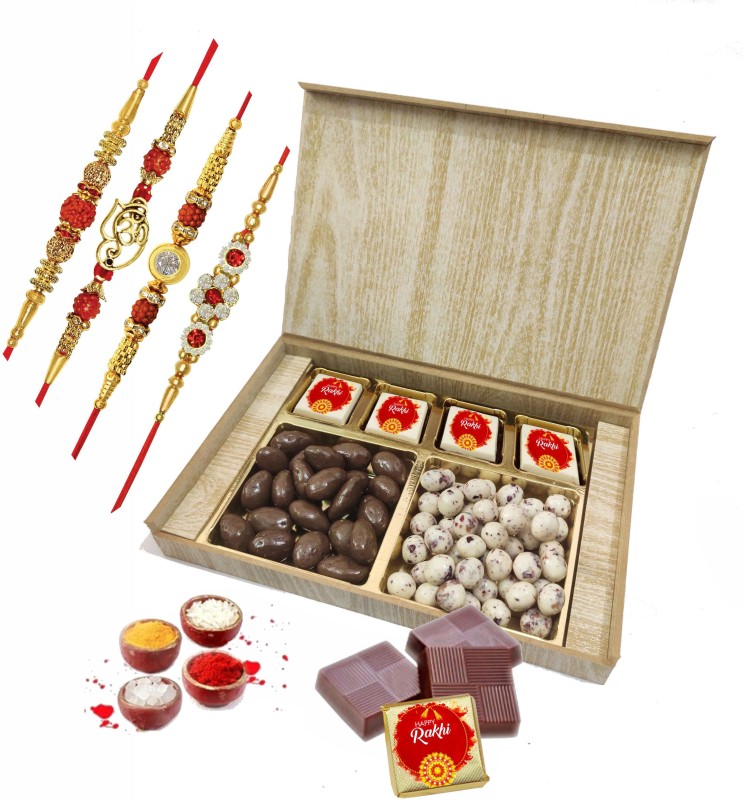 FabBites Rakhi with Chocolates Gift Pack | Rakhi Gift for Brother Combo with Chocolate Wooden Gift Box(Brown)