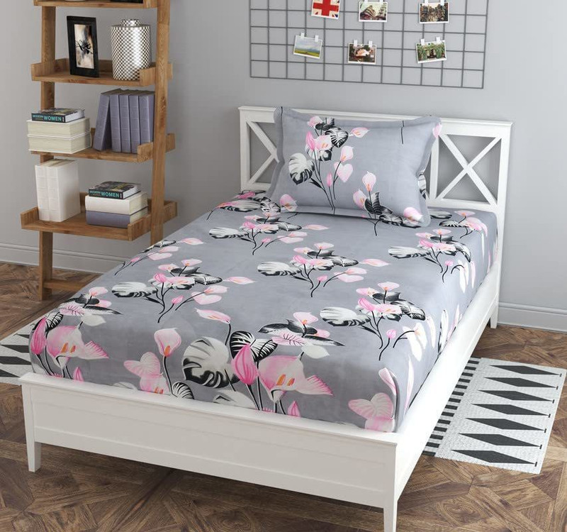 New panipat textile zone Polycotton Single Fitted (Elastic) 155 TC Self Design 1 Bedsheet with 2 Pillow Covers(GREY , MULTICOLOR)