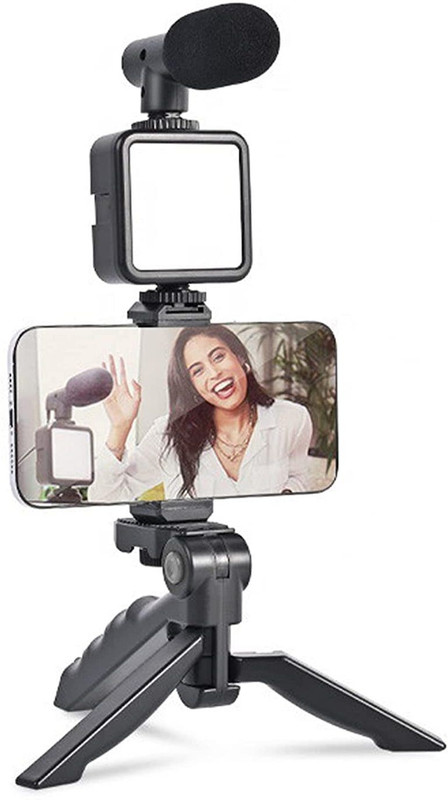 RHONNIUM Mobile Vlogging Kit with Microphone Tripod Stand Monopod, Tripod Kit(Black, Supports Up to 1000 g)
