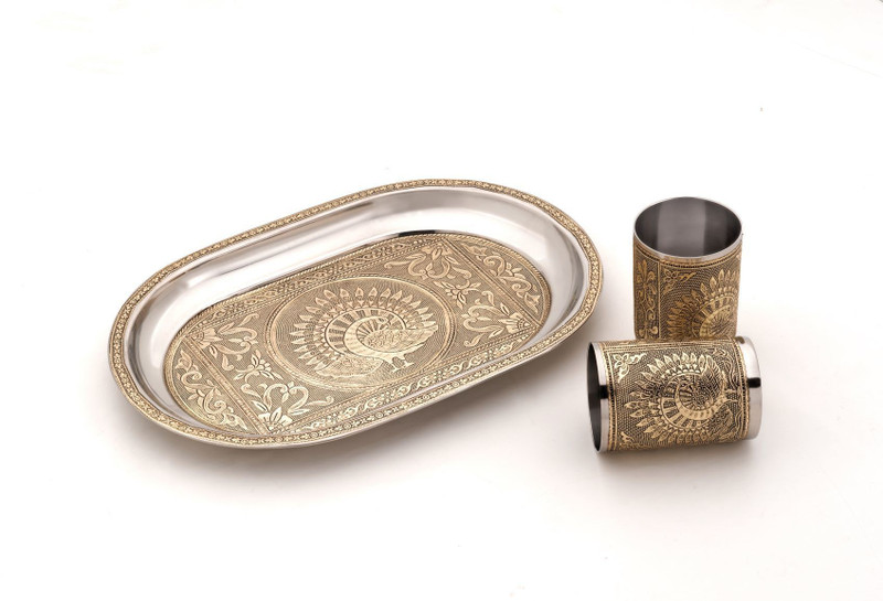 SHCRAFT DESIGN Antique Golden Peacock Embossed Stainless Steel Serving Tray Glass Tray Set(Stainless Steel, Antique Metal Work)