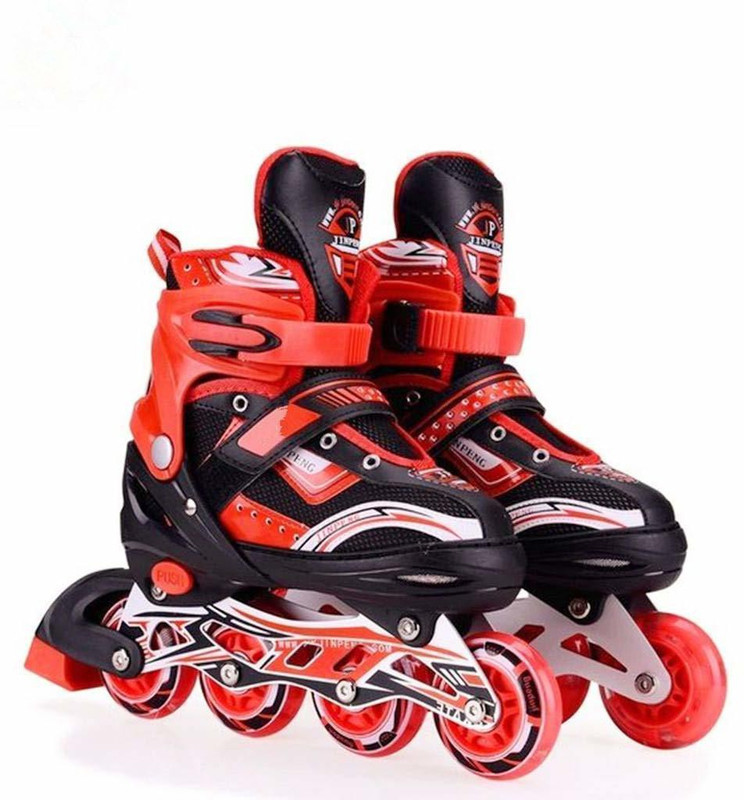 HRK Inline Skates Wheels Aluminium with LED Flash Light on Wheels, Age 6-15 Years In-line Adults Size  6 UK - 9 UK(Adjustable, Training, Red)
