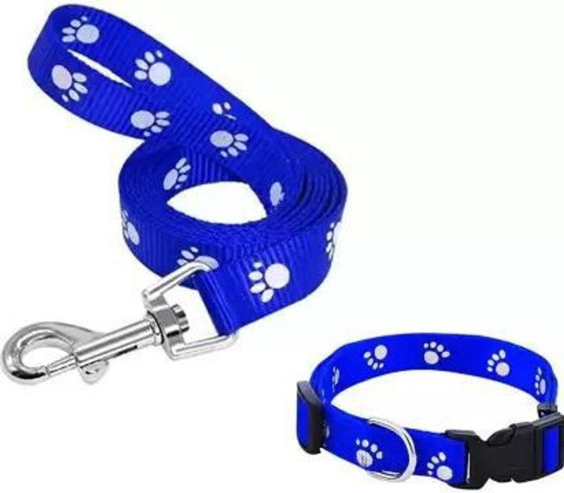 PSK PET MART Paw Print Dog Puppy Nylon Leash Collar Set 140 cm Dog Strap Leash(Blue)