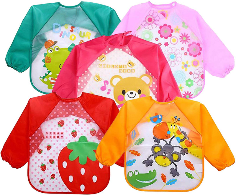 DOMENICO Waterproof Colorful Bib Cute Cartoon Baby Bibs Full Sleeve Apron Feeding Bibs(pack of 5)