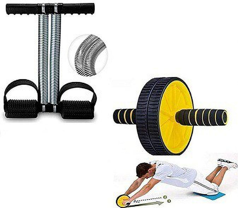 ADONYX COMBO OF DOUBLE SPRING TUMMY TRIMMER WITH AB WHEEL/ROLLER AND HAND GRIPPER Fitness Accessory Kit Kit