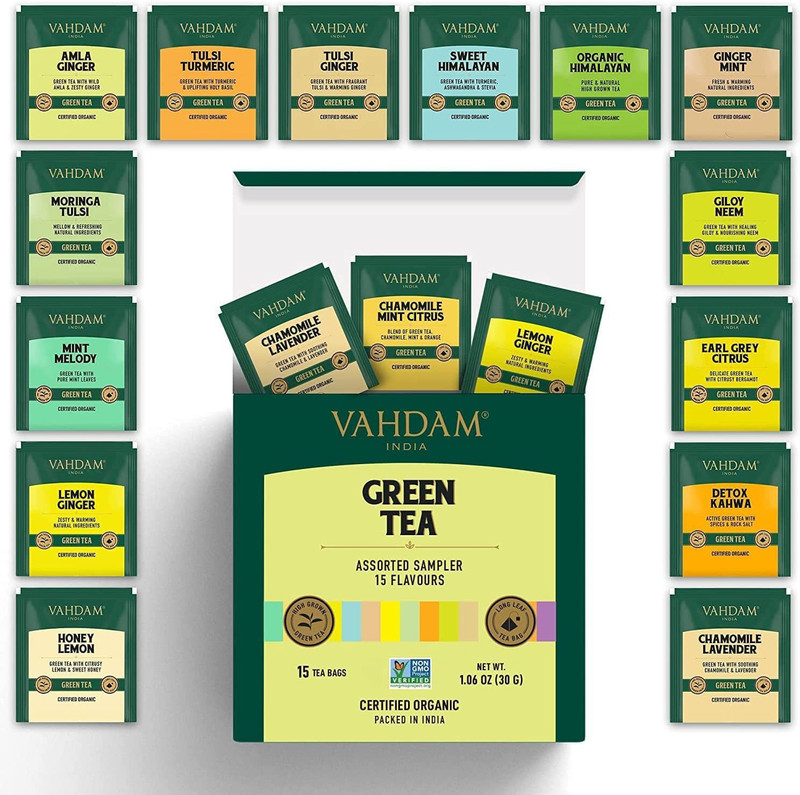 Vahdam 100% Natural Immunity Boosting Green | Variety Sampler Box | Contains 15 Pyramid Tea Bags of 15 Different Exotic Flavours Chamomile, Lemon,…
