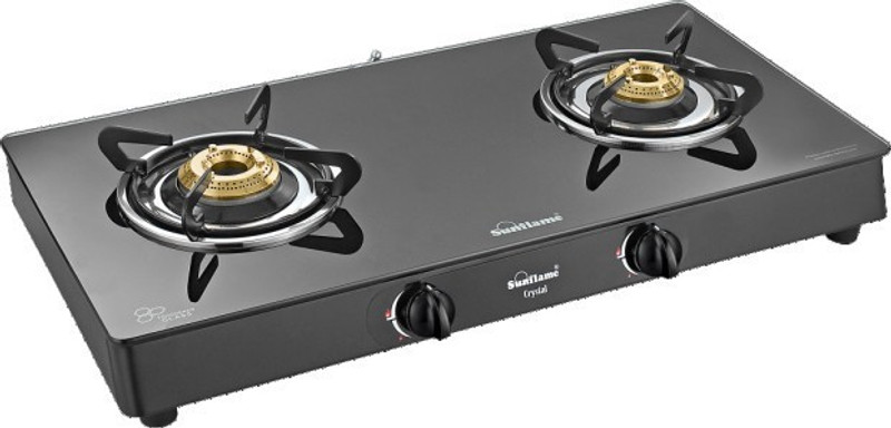 Sun Flame LPG STOVE CRYSTAL 2 BURNER BLACK Stainless Steel Manual Gas Stove