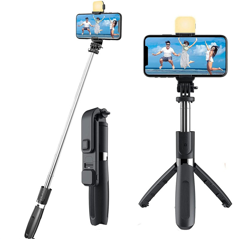 Techobucks SelfieStick Tripod Detachable Wireless Remote Function and Mobile Stand Monopod Monopod Kit(Black, Supports Up to 500 g)