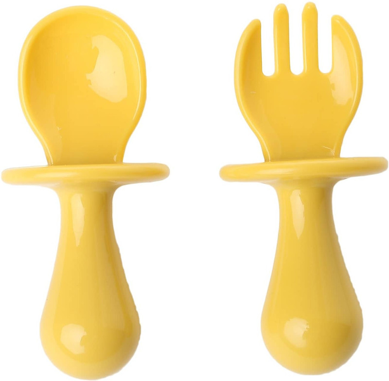 GUCHIGU Baby Self Feeding Spoon & Fork Set , Anti- Chocking spoon Set with Storage Box - silicone(mustard)