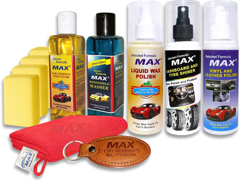 MAX Complete Car Care Kit includes Dashboard & Tyre Shiner 200 ml, Liquid Wax Polish 200 ml, Vinyl & Leather Polish 200 ml, Windshield Washer 200 ml, Car Shampoo 200 ml, Foam applicator - 3 Pcs, Microfiber Cloth - 1 Pc Combo