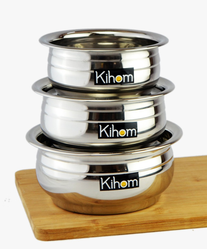 Kihom Handi Set 3 Piece Stainless Steel Steel Handi Set/ Patila /Pot/Tapeli/Bowl Handi 1.5 L, 1 L, 0.75 L(Stainless Steel, Induction Bottom)