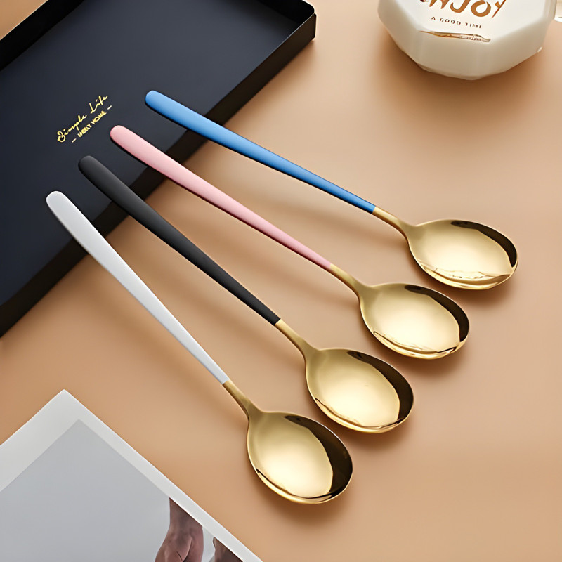 DHRUSIMI Long-Handled Spoon Gold Small Round Suitable for Cafe Restaurant Household Stainless Steel Dessert Spoon Set(Pack of 4)
