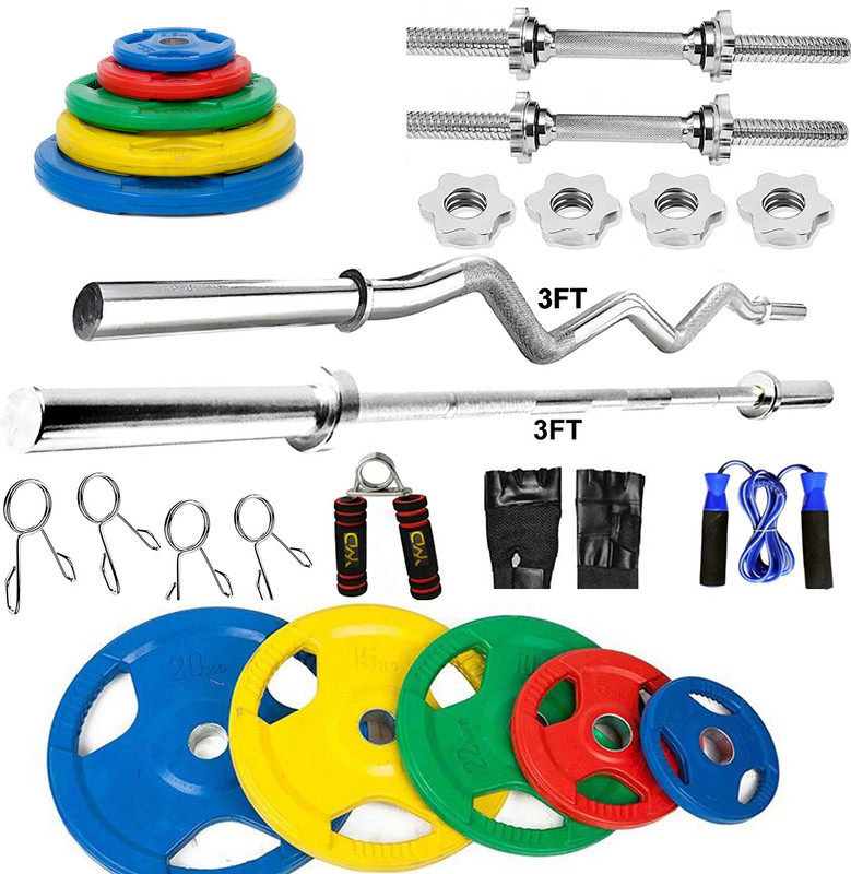 YMD 10 kg Metal Integrated Rubber Plates Three Cut 3FT Curl 3FT Straight 28mm Rods Home Gym Combo