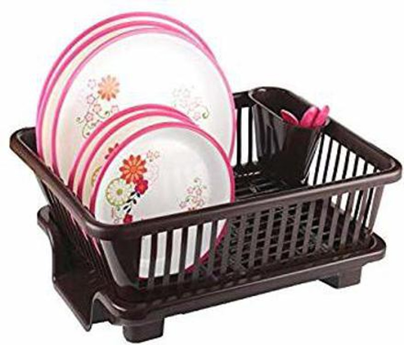 MECHON Plastic 3 in 1 Large Sink Set Dish Rack Drainer with Tray for Kitchen (Black) Storage Basket(Pack of 1)