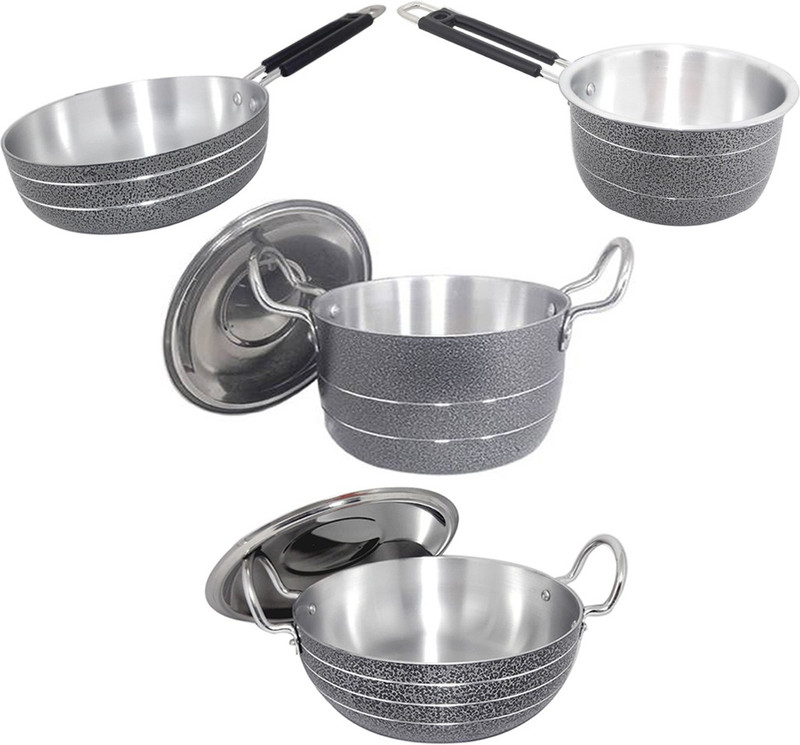bartan hub Kadhai , Frying Pan , Sauce Pan , Kunda Tope with Lid ( Dishwasher safe ) Cookware Set(Aluminium, 4 - Piece)