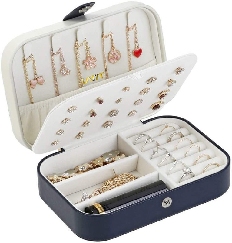 HOUSE OF QUIRK PU Leather Portable Travel Jewelry Organizer Box for Earrings (Dark Blue) 2 Layer Elegant Jewelry Boxes Vanity Box(Dark Blue)