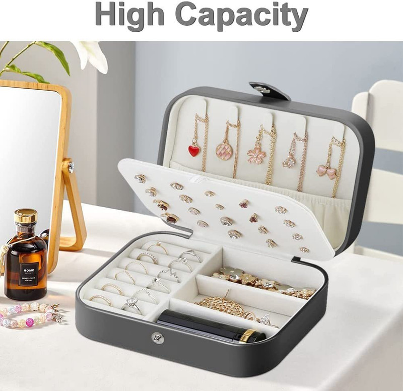 HOUSE OF QUIRK PU Leather Portable Travel Jewelry Organizer Box for Ring, Earrings, etc.(Black) 2 Layer Elegant Jewelry Boxes Vanity Box(Black)