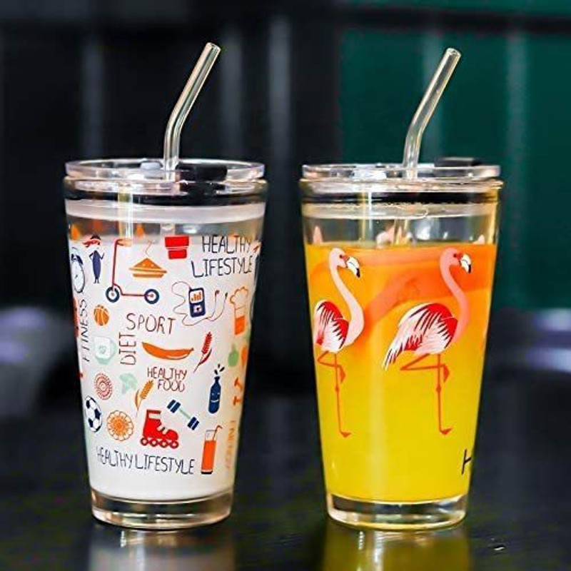 zelovi Glass Tumbler with Lid and Silicon Straw Coffee Mug(Printed)
