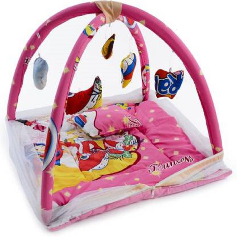 ODELEE Bedding Set with Foldable Mattress, Mosquito Net and Pillow Pink princess Cotton Washable Infants Mosquito Net(Pink, Multicolor, Frame Hung)