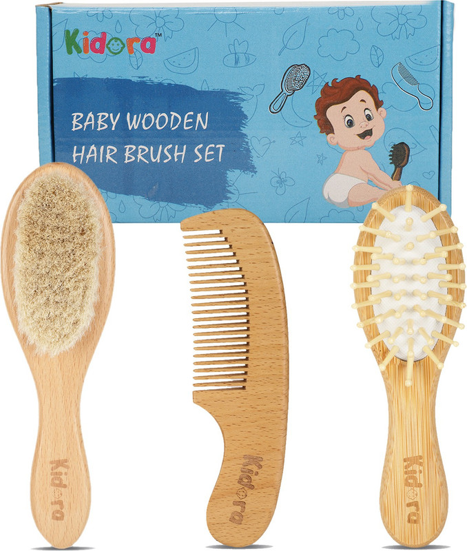 Kidora Wooden Baby Hair Brush and Comb Set, Grooming Product for Infant, Toddler, Kids(Beige)