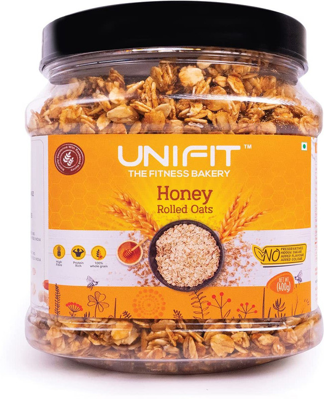 Unifit Instant Fitness Bakery Rolled Honey Oats | Protein rich Wholegrain Breakfast | Plastic Bottle (400 g)
