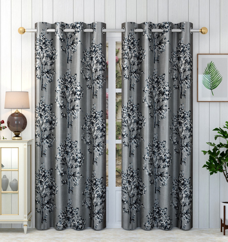 Panipat Textile Hub 213 cm (7 ft) Door Polyester Semi Transparent Curtain (Pack Of 2)(Grey, Floral)