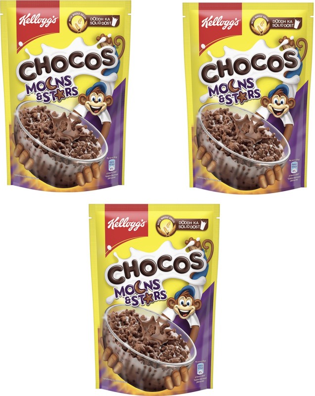 Kellogg’s Chocos Moons and Stars, Whole Grain Breakfast Cereals Pouch  (3 x 375 g)