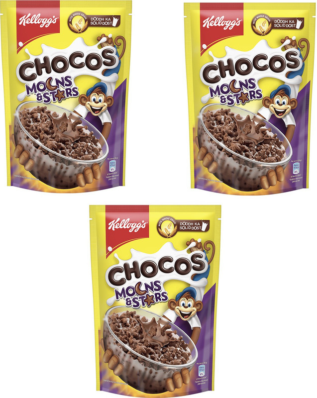 Kellogg’s Chocos Moons and Stars, Whole Grain Breakfast Cereals Pouch (3 x 375 g)