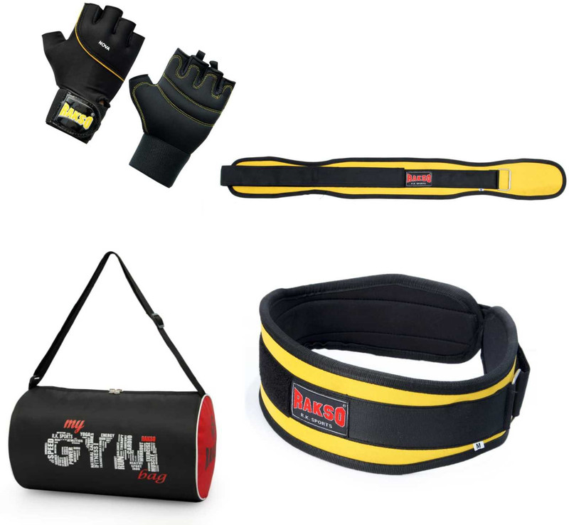 Rakso SPORTS DUFFEL GYM BAG WITH BAG NYLON WEIGHT LIFTING BELT Neoprene GymGlove COMBO(Kit Bag)