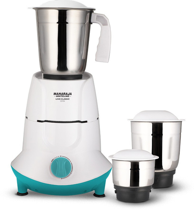 MAHARAJA WHITELINE MX-250 500 W Mixer Grinder(Livo Classic_ | 3 Jars | White & Turquoise Blue)