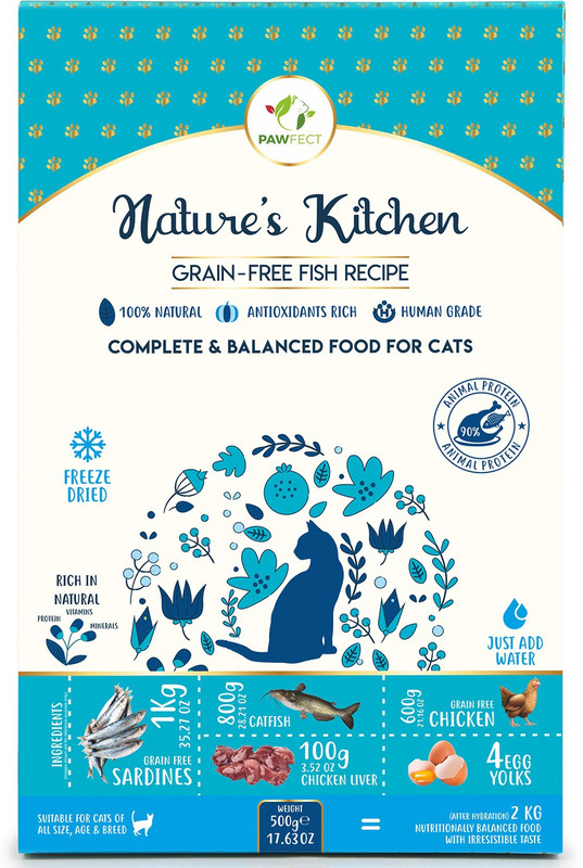 Pawfect Pet Foods Grain Free Complete & Balanced Fish Food For Cats (100% Natural, Human Grade - 500g)Equivalent to 2kg Fish 0.5 kg Dry Adult, Young Cat Food