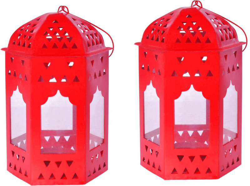 decorate india Red iron lantern set Red Iron Table Lantern(16 cm X 10 cm, Pack of 2)