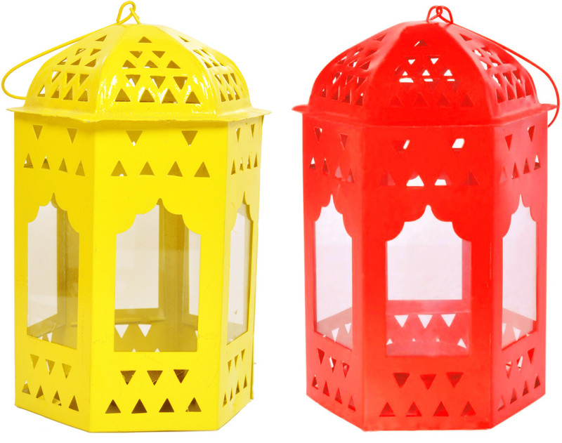 decorate india red Yellow iron lantern set Red, Yellow Iron Table Lantern(16 cm X 10 cm, Pack of 2)