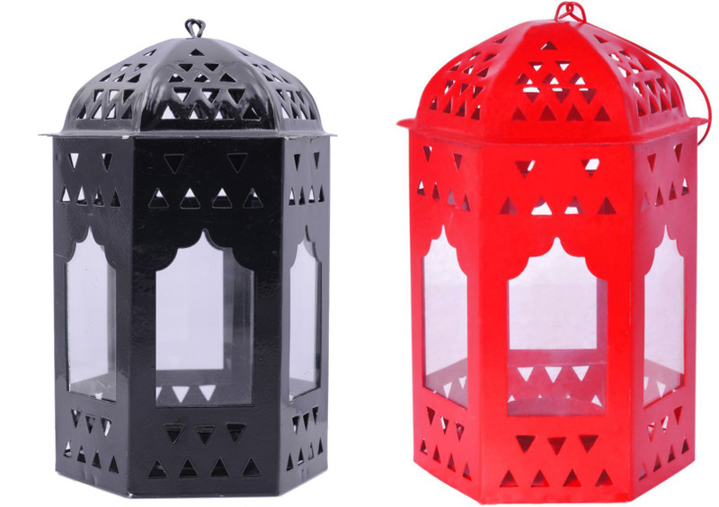 decorate india Red Black Iron Lantern set Red, Black Iron Table Lantern(16 cm X 10 cm, Pack of 2)