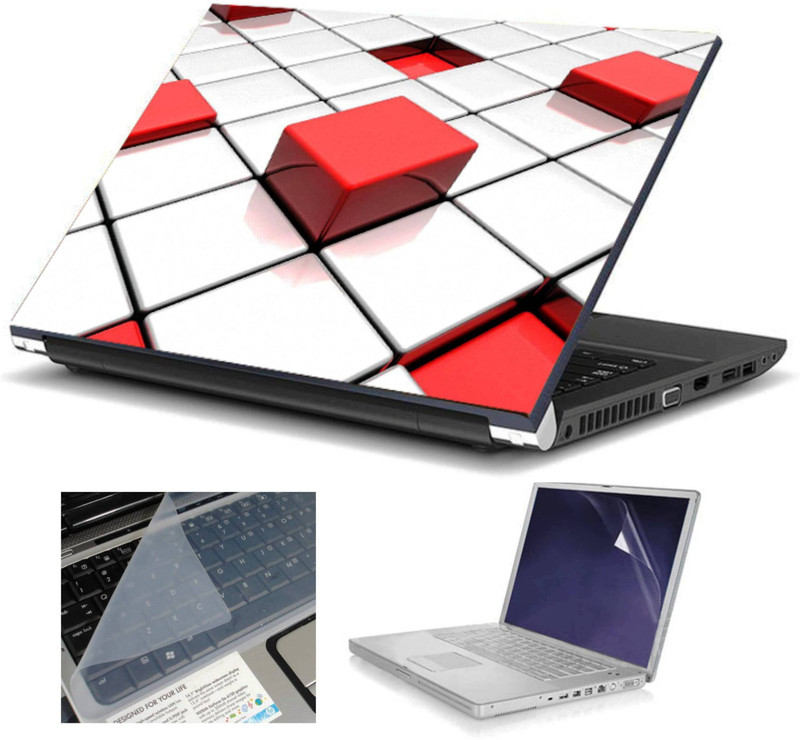 Geek WHITE AND RED CUBES HQ 3in1 LAPTOP SKIN WITH LAPTOP SCREEN GUARD and KEY GUARD 15.6 IN Combo Set(Multicolor)