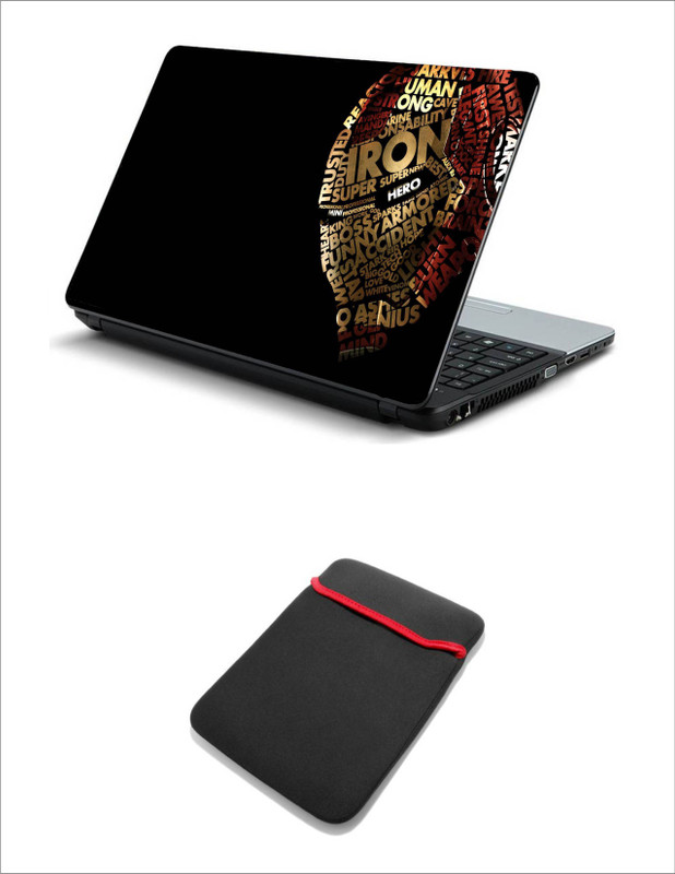 Geek IRONMAN TYPOGRAPHY FACE LAPTOP SKIN WITH LAPTOP SLEEVE 15.6 INCH Combo Set(Multicolor)