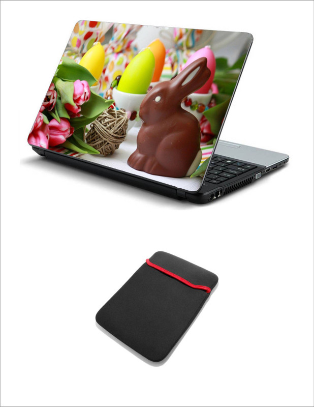 Geek EASTER RABBIT CHOCOLATE EGGS FLOWERS TWINSE LAPTOP SKIN WITH LAPTOP SLEEVE 15.6 INCH Combo Set(Multicolor)