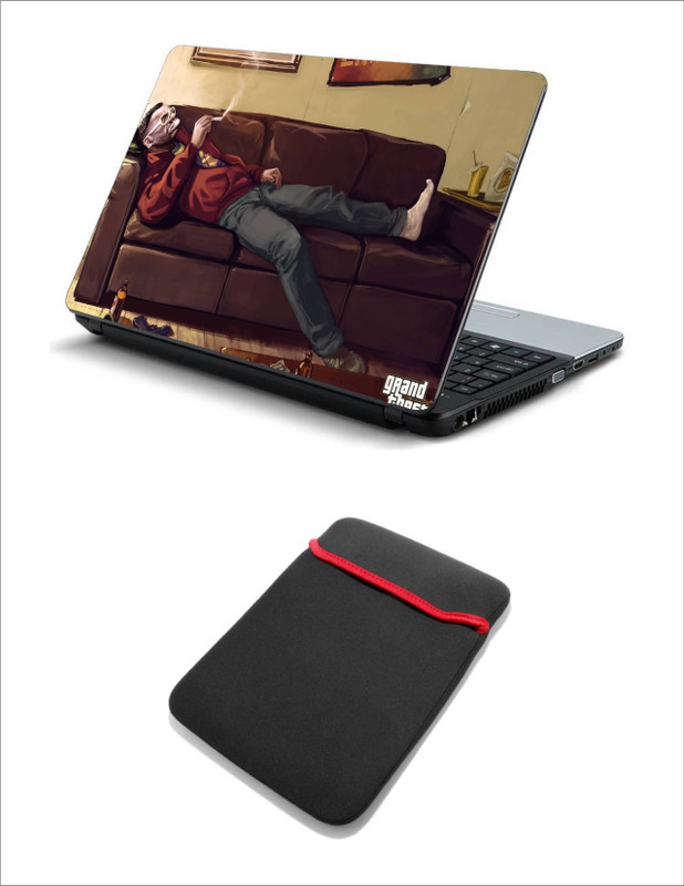 Geek MAN SMOKING GTA 4 SOFA LAPTOP SKIN WITH LAPTOP SLEEVE 15.6 INCH Combo Set(Multicolor)