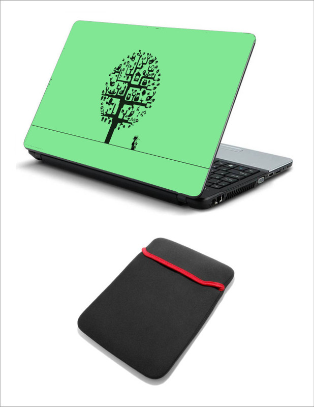Geek ART VECTOR TREE CAT BIRD MINIMALISM LAPTOP SKIN WITH LAPTOP SLEEVE 15.6 INCH Combo Set(Multicolor)