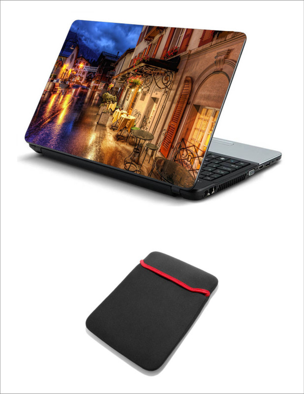 Geek SWITZERLAND STREETS CAFÉ EVENING LAPTOP SKIN WITH LAPTOP SLEEVE 15.6 INCH Combo Set(Multicolor)