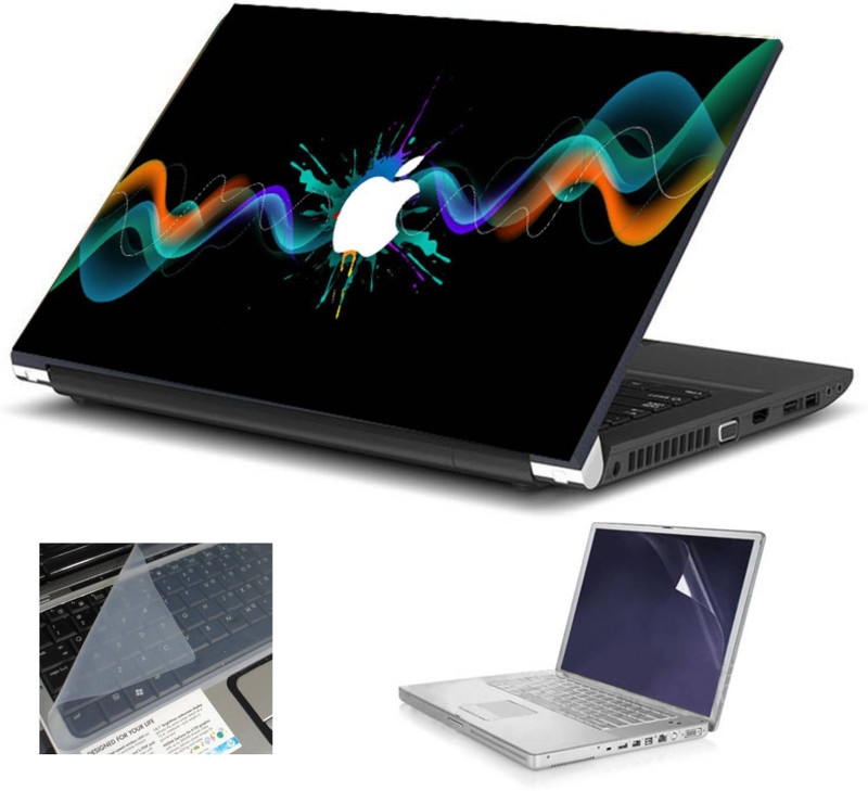 Geek White Apple Colourfull Waves HQ 3in1 LAPTOP SKIN WITH LAPTOP SCREEN GUARD and KEY GUARD 15.6 IN Combo Set(Multicolor)